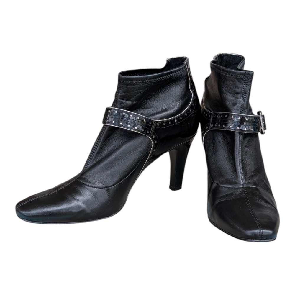 Joan & David Black Leather Heeled Ankle Boots with Studded Strap